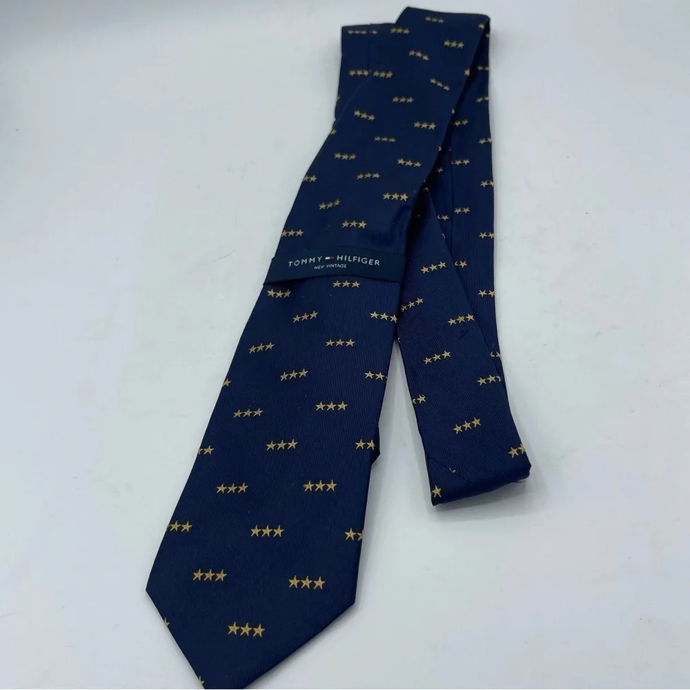 Tommy Hilfiger NWT Navy Blue Silk Men’s Tie Made In USA Gold Stars New Vintage
